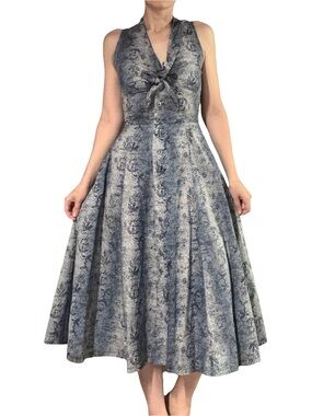 Paul Alexander | Vintage Button Front Knot Chest A-Line Midi Dress with Pockets